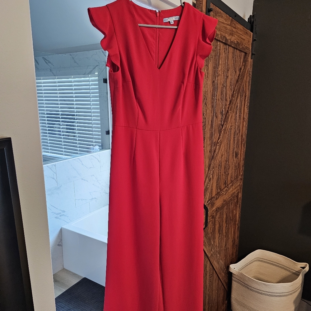 ANTONIO MELANI Red Wide Leg Jumpsuit with Flutter Sleeves And V-Neck
